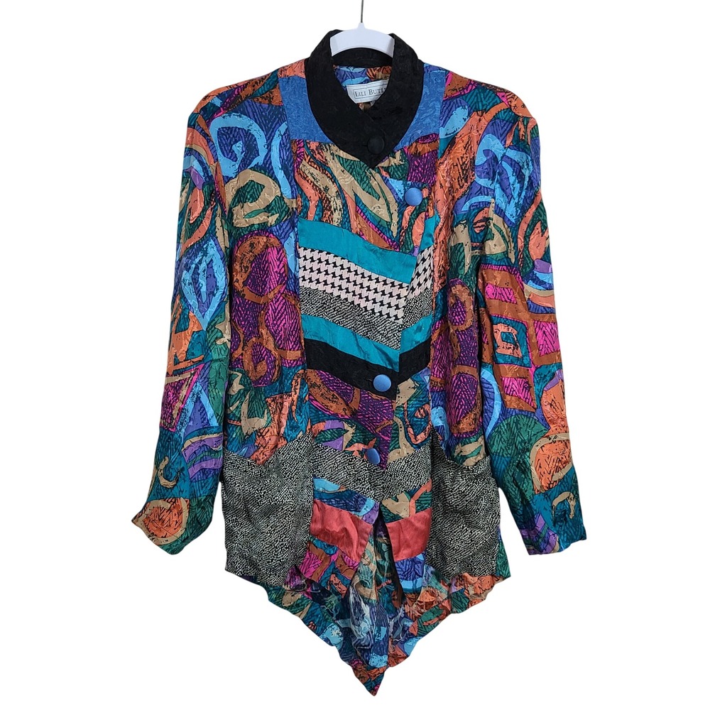 Vtg Lili Butler 100% Silk Abstract Colorful‎ Top S 80s Retro Avant Garde Artsy